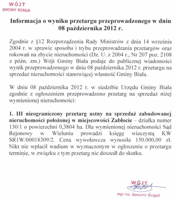 Zdjęcie Informacja o wyniku przetargu przeprowadzonego w dniu 08 października 2012 r _011_002_318694