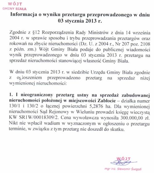 Zdjęcie Informacja o wyniku przetargu przeprowadzonego w dniu 03 stycznia 2013 r _011_002_330981