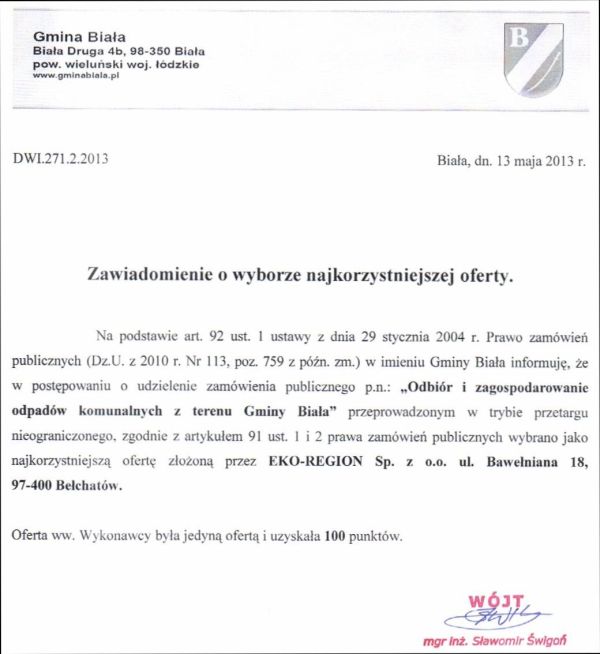 Zdjęcie Zawiadomienie o wyborze najkorzystniejszej oferty - Odbiór i zagospodarowanie odpadów komunalnych _011_002_348529