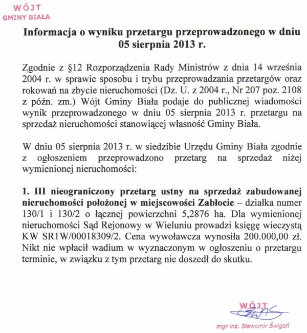 Zdjęcie Informacja o wyniku przetargu przeprowadzonego w dniu 05 sierpnia 2013 r _011_002_363394