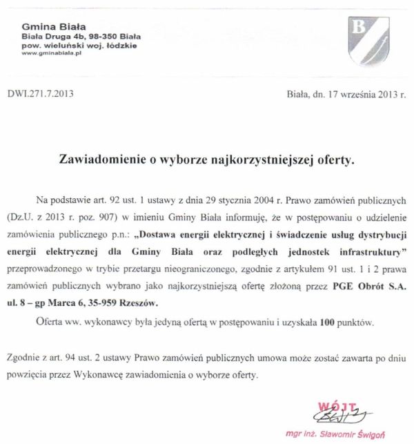 Zdjęcie Zawiadomienie o wyborze najkorzystniejszej oferty - Dostawa energii elektrycznej i świadczenie usług dystrybucji energii elektrycznej _011_002_366569