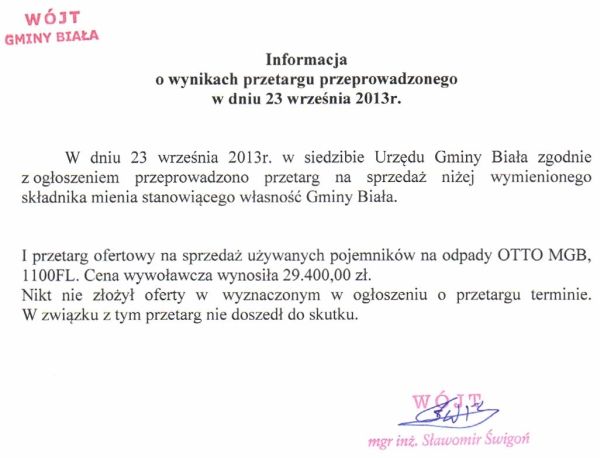 Zdjęcie Informacja o wynikach przetargu przeprowadzonego w dniu 23 września 2013 r _011_002_367369