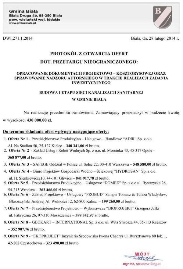 Zdjęcie Protokół z otwarcia ofert - opracawanie dokumentacji projektowo - kosztorysowej dla zadania Budowa I etapu sieci kanalizacji sanitarnej w Gminie Biała _011_002_387981