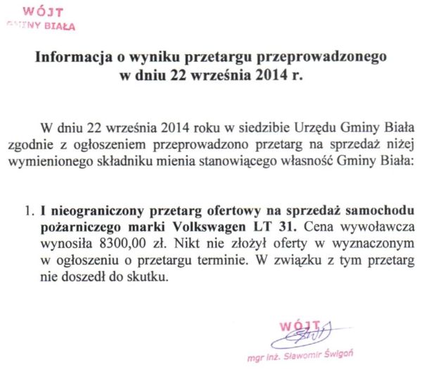 Zdjęcie Informacja o wyniku przetargu przeprowadzonego w dniu 22 września 2014 r _011_002_416980