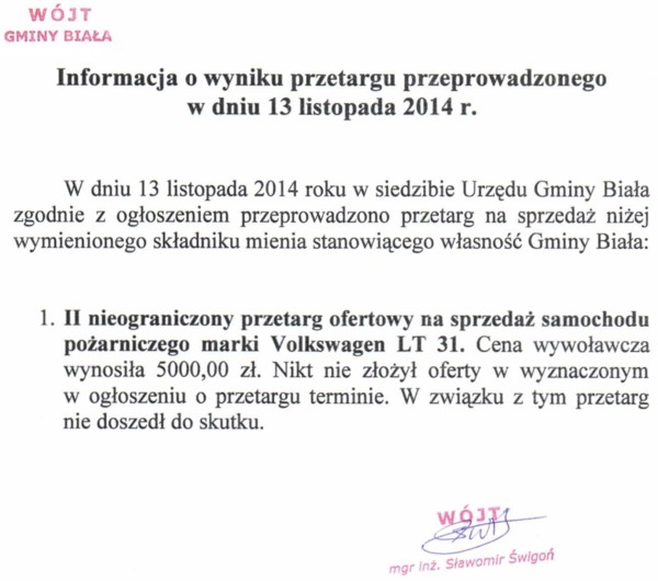 Zdjęcie Informacja o wyniku przetargu przeprowadzonego w dniu 13 listopada 2014 r _011_002_426884