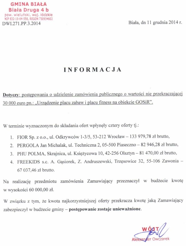 Zdjęcie Informacja - dot postępowania o udzielenie zamówienia Urządzenie placu zabaw i placu fitness na obiekcie GOSiR _011_002_428707