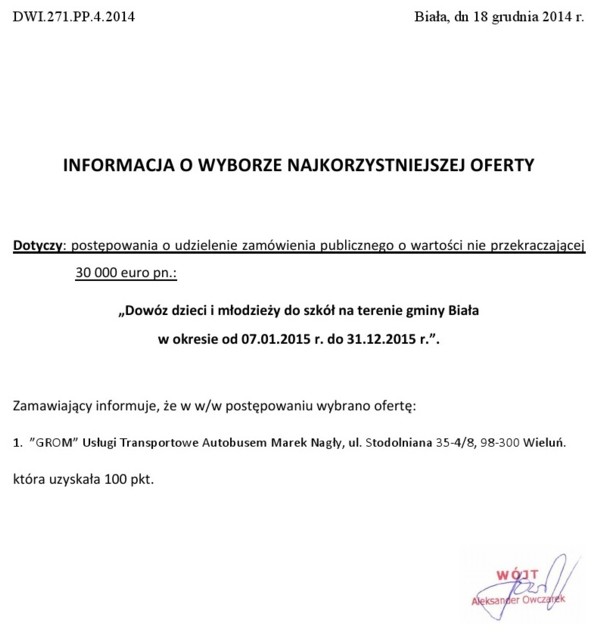 Zdjęcie Informacja o wyborze najkorzystniejszej oferty - dowóz dzieci i młodzieży do szkół _011_002_430052