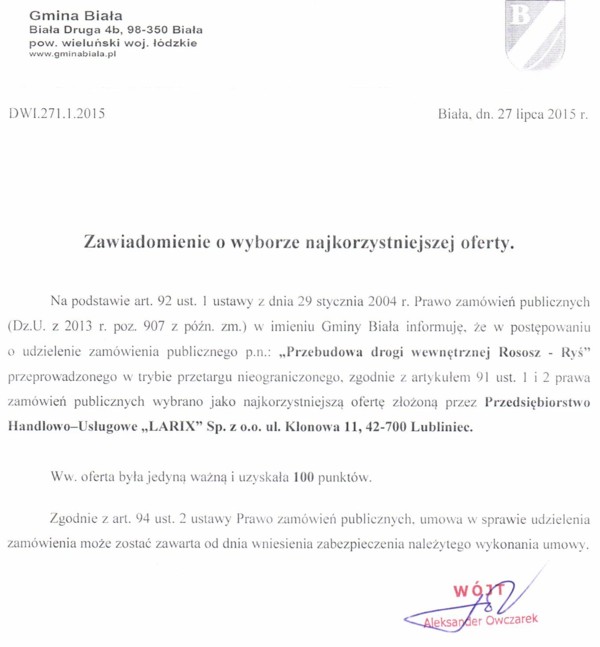 Zdjęcie Zawiadomienie o wyborze najkorzystniejszej oferty _011_002_462779