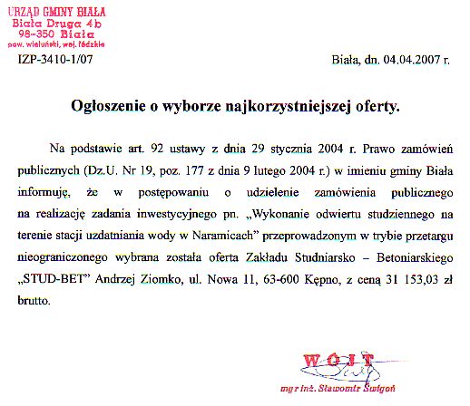 Zdjęcie Ogłoszenie o wyborze najkorzystniejszej oferty (dot przetargu na wykonanie odwiertu studziennego) _011_002_87931