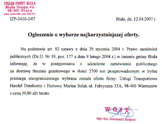 Zdjęcie Ogłoszenie o wyborze najkorzystniejszej oferty (dot postępowania na dostawę tłucznia granitowego) _011_002_88792