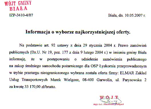 Zdjęcie Informacja o wyborze najkorzystniejszej oferty (dot zakupu średniego samochodu pożarniczego dla OSP Łyskornia) _011_002_91892