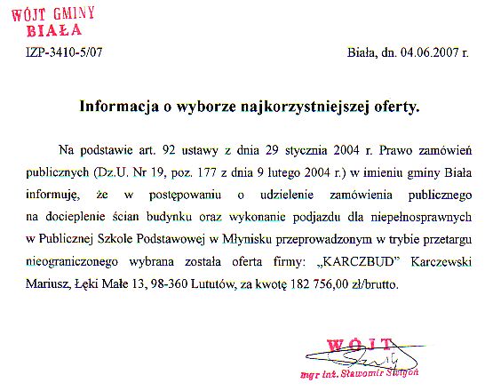 Zdjęcie Informacja o wyborze najkorzystniejszej oferty (docieplenie ścian budynku w PSP w Młynisku) _011_002_95015