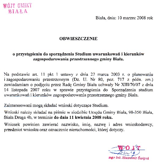 Zdjęcie Obwieszczenie o przystąpieniu do sporządzenia Studium uwarunkowań i kierunków zagospodarowania przestrzennego gminy Biała _012_116712