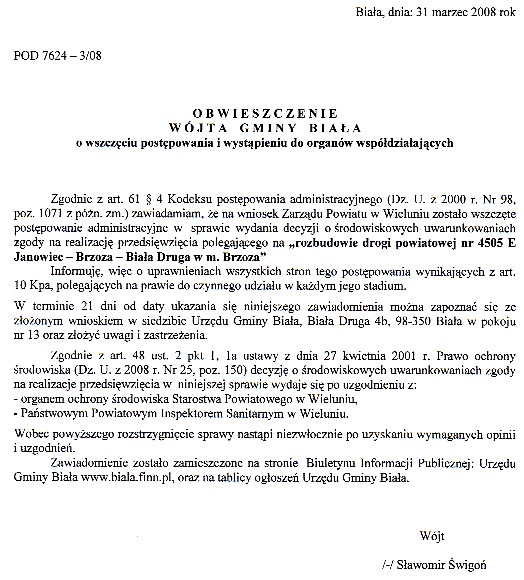 Zdjęcie Obwieszczenie Wójta Gminy Biała o wszczęciu postępowania i wystąpieniu do organów współdziałających _012_119519