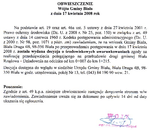 Zdjęcie Obwieszczenie Wójta Gminy Biała (dot wydania decyzji o środowiskowych uwarunkowaniach zgody na realizację przedsięwzięcia) _012_121551