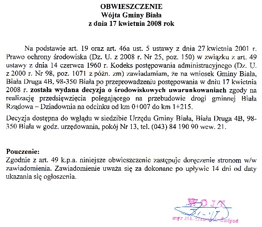 Zdjęcie Obwieszczenie Wójta Gminy Biała (dot wydania decyzji o środowiskowych uwarunkowaniach zgody na realizację przedsięwzięcia) _012_121551