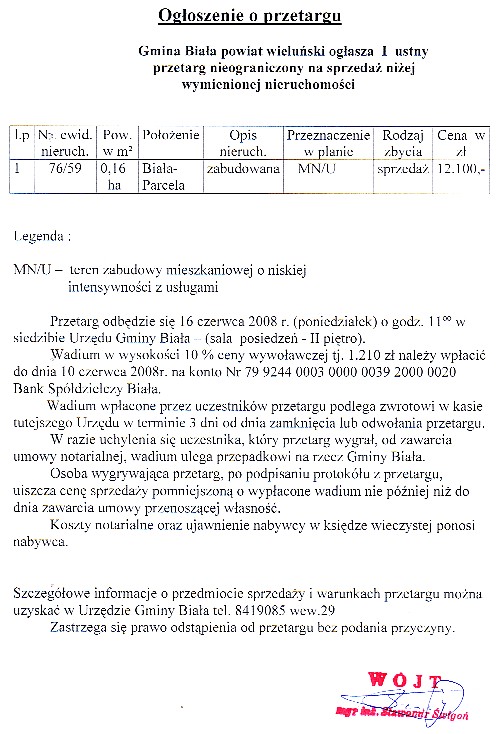 Zdjęcie I ustny przetarg nieograniczony na sprzedaż nieruchomości położonej w miejscowości Biała - Parcela _012_122352