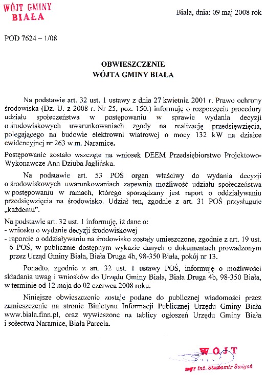 Zdjęcie Obwieszczenie Wójta Gminy Biała _012_122906