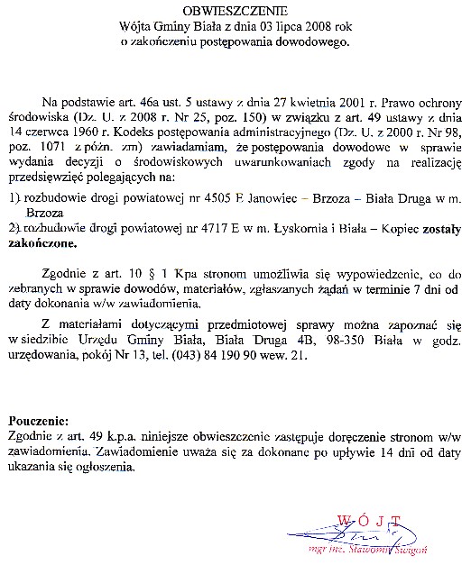 Zdjęcie Obwieszczenie Wójta Gminy Biała z dn 3 lipca 2008 ro zakończeniu postępowania dowodowego _012_129246