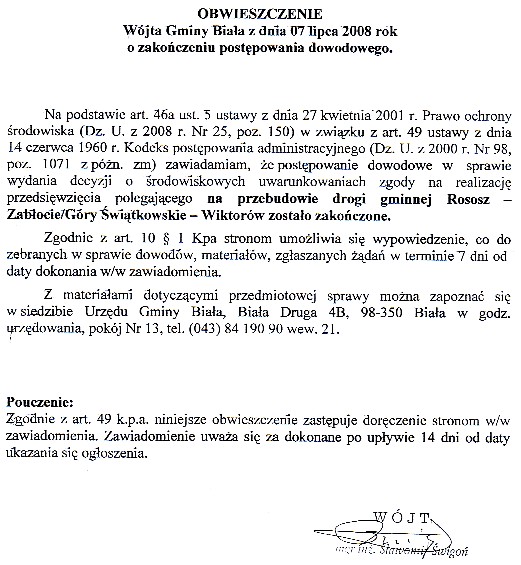 Zdjęcie Obwieszczenie Wójta Gminy Biała z dn 7 lipca 2008 r o zakończeniu postępowania dowodowego _012_129474