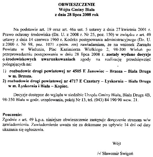 Zdjęcie Obwieszczenie Wójta Gminy Biała z dnia 28 lipca 2008 r _012_132280