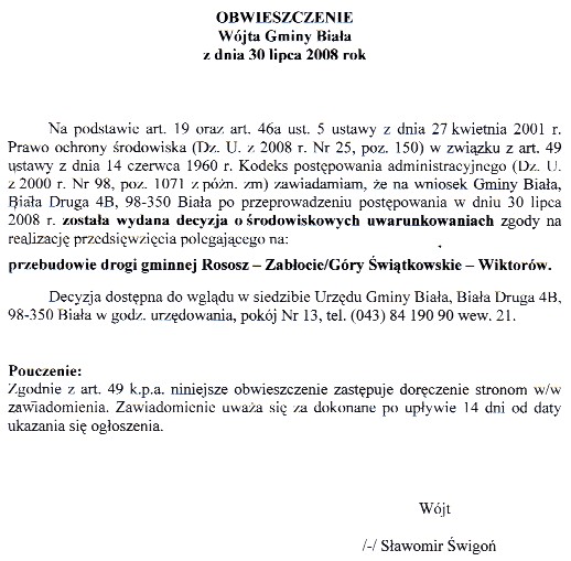 Zdjęcie Obwieszczenie Wójta Gminy Biała z dnia 30 lipca 2008 r _012_132471
