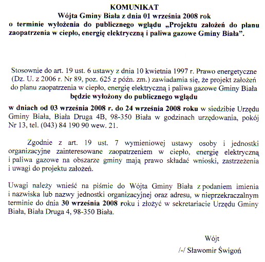 Zdjęcie Komunikat Wójta Gminy Biała o terminie wyłożenia do publicznego wglądu ,,Projektu założeń do planu zaopatrzenia w ciepło, energię elektryczną i paliwa gazowe Gminy Biała _012_134928