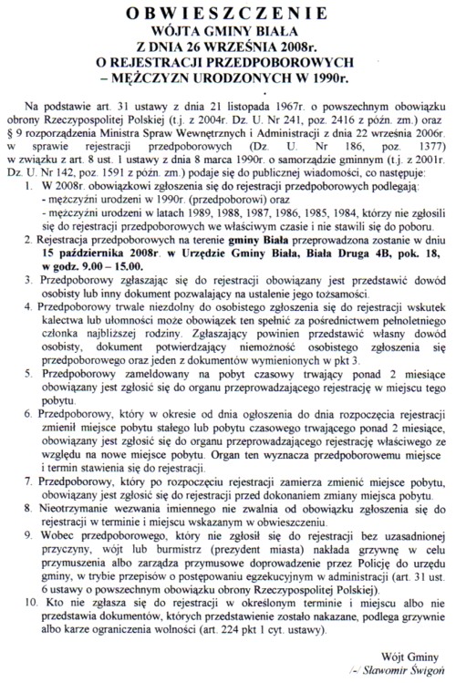 Zdjęcie Obwieszczenie Wójta Gminy Biała o rejestracji przedpoborowych _012_137289