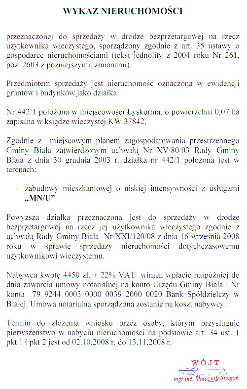 Zdjęcie Wykaz nieruchomosci przeznaczonej do sprzedaży w drodze bezprzetargowej _012_137560