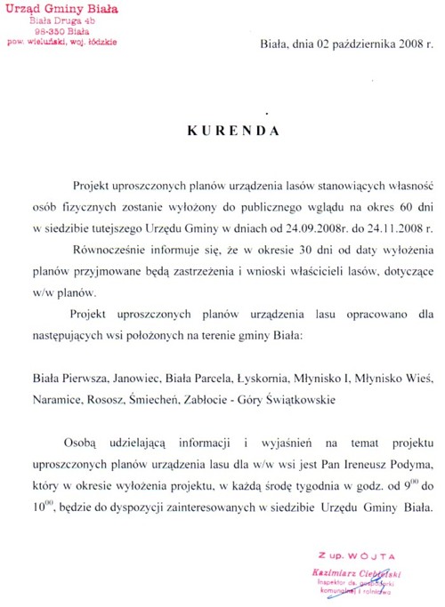 Zdjęcie Kurenda dot wyłożenia do publicznego wglądu projektu uproszczonych planów urządzenia lasów stanowiących wł osób fizycznych _012_138296