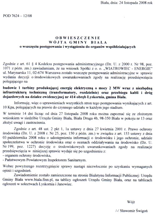 Zdjęcie Obwieszczenie Wójta Gminy Biała o wszczęciu postępowania i wystąpieniu do organów współdziałających _012_145984