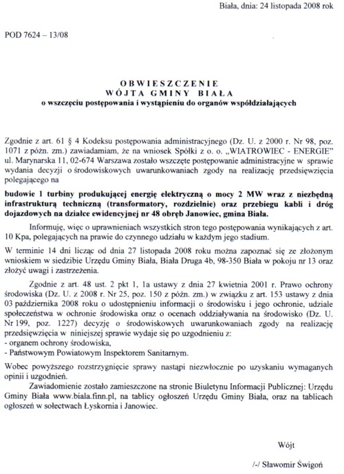 Zdjęcie Obwieszczenie Wójta Gminy Biała o wszczęciu postępowania i wystąpieniu do organów współdziałających _012_145985