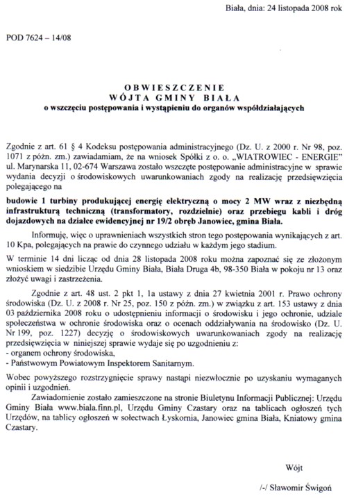 Zdjęcie Obwieszczenie Wójta Gminy Biała o wszczęciu postępowania i wystąpieniu do organów współdziałających _012_146101