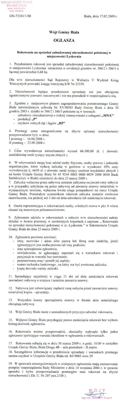 Zdjęcie Rokowania na sprzedaż zabudowanej nieruchomości położonej w miejscowości Łyskornia _012_155909