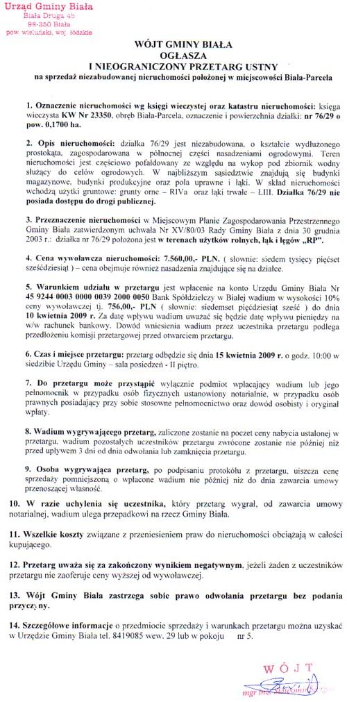 Zdjęcie I nieograniczony przetarg ustny na sprzedaż niezabudowanej nieruchomości położonej w miejscowości Biała - Parcela _012_157200