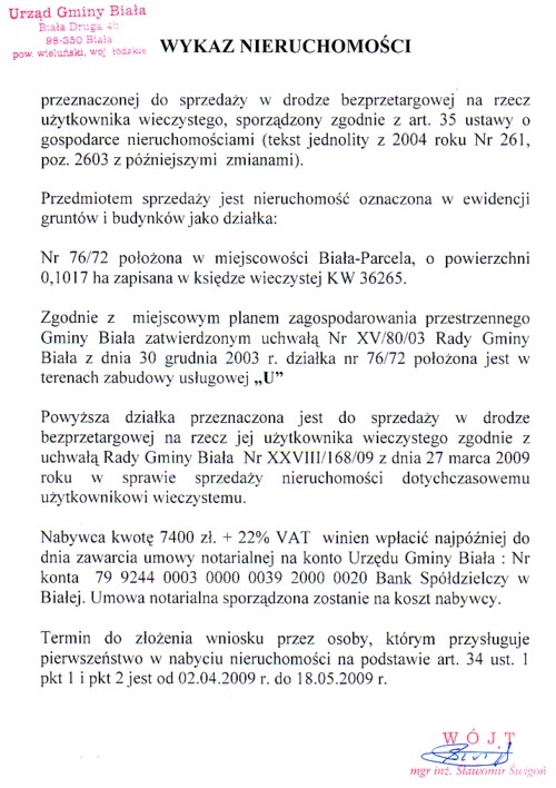Zdjęcie Wykaz nieruchomości przeznaczonej do sprzedaży w drodze bezprzetargowej na rzecz użytkownika wieczystego _012_160543