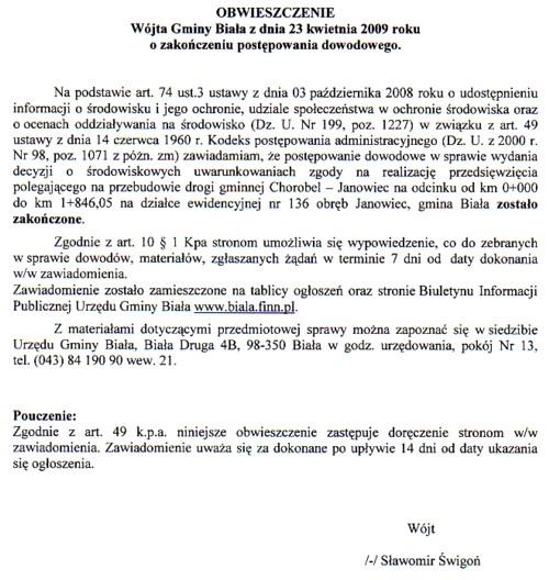 Zdjęcie Obwieszczenie Wójta Gminy Biała z dnia 23 kwietnia 2009 r o zakończeniu postepowania dowodowego _012_161795