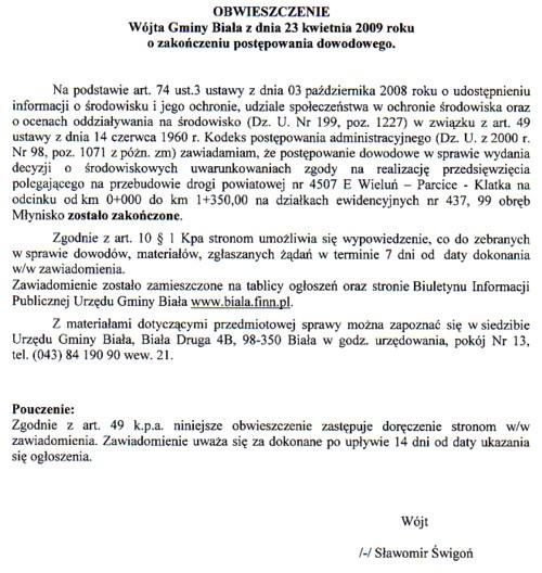 Zdjęcie Obwieszczenie Wójta Gminy Biała z dnia 23 kwietnia 2009 r o zakończeniu postępowania dowodowego _012_161797