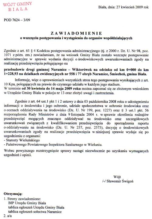 Zdjęcie Zawiadomienie o wszczęciu postępowania i wystąpieniu do organów współdziałających _012_162180