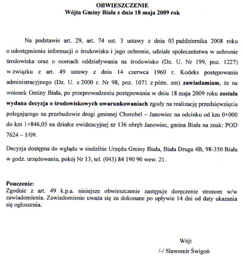 Zdjęcie Obwieszczenie Wójta Gminy Biała z dnia 18 maja 2009 r _012_164889
