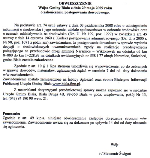 Zdjęcie Obwieszczenie Wójta Gminy Biała z dnia 29 maja 2009 r o zakończeniu postępowania dowodowego _012_167700