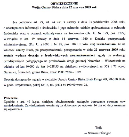 Zdjęcie Obwieszczenie Wójta Gminy Biała z dn 22 czerwca 2009 r _012_170681