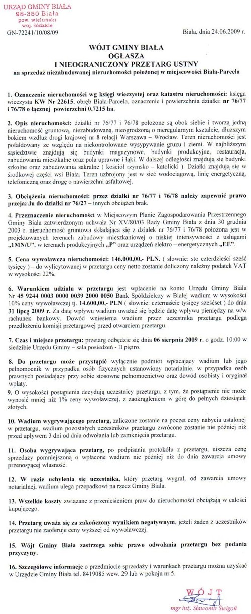 Zdjęcie I nieograniczony przetarg ustny na sprzedaż niezabudowanej nieruchomości położonej w miejscowości Biała - Parcela _012_171046
