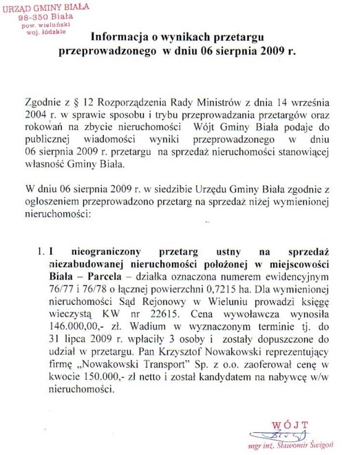 Zdjęcie Informacja o wynikach przetargu przeprowadzonego w dniu 06 sierpnia 2009 r _012_176737