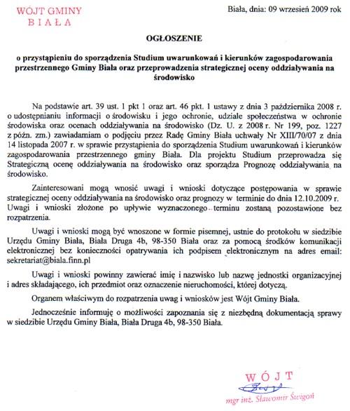 Zdjęcie Ogłoszenie o przystapieniu do sporządzenia Studium uwarunkowań i kierunków zagospodarowania przestrzennego Gminy Biała oraz przeprowadzenia stratedicznej oceny oddziaływania na środowisko _012_179856