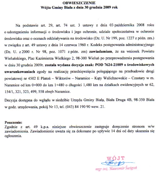 Zdjęcie Obwieszczenie Wójta Gminy Biała z dnia 30 grudnia 2009 r dot przebudowy drogi powiatowej 4502E w miejscowości Naramice _012_189433