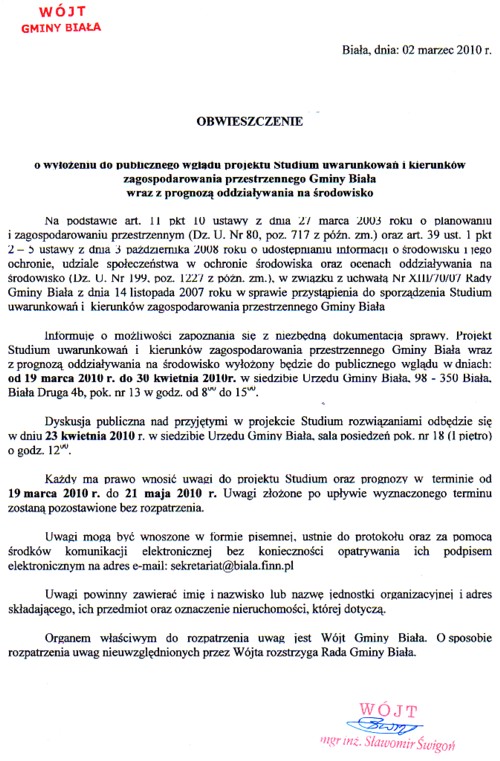 Zdjęcie Obwieszczenie o wyłożeniu do publicznego wglądu projektu Studium uwarunkowań i kierunków zagospodarowania przestrzennego Gminy Biała wraz z prognozą oddziaływania na środowisko _012_196670