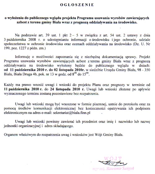 Zdjęcie Ogłoszenie o wyłożeniu do publicznego wglądu projektu Programu usuwania wyrobów zawierających azbest _012_218543