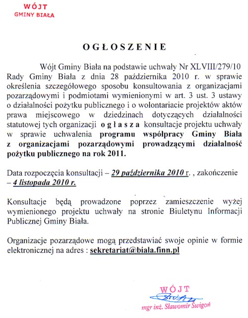 Zdjęcie Ogłoszenie Wójta Gminy Biała dot konsultacji projektu uchwały w sprawie uchwalenia programu współpracy z organizacjami pozarządowymi _012_221037