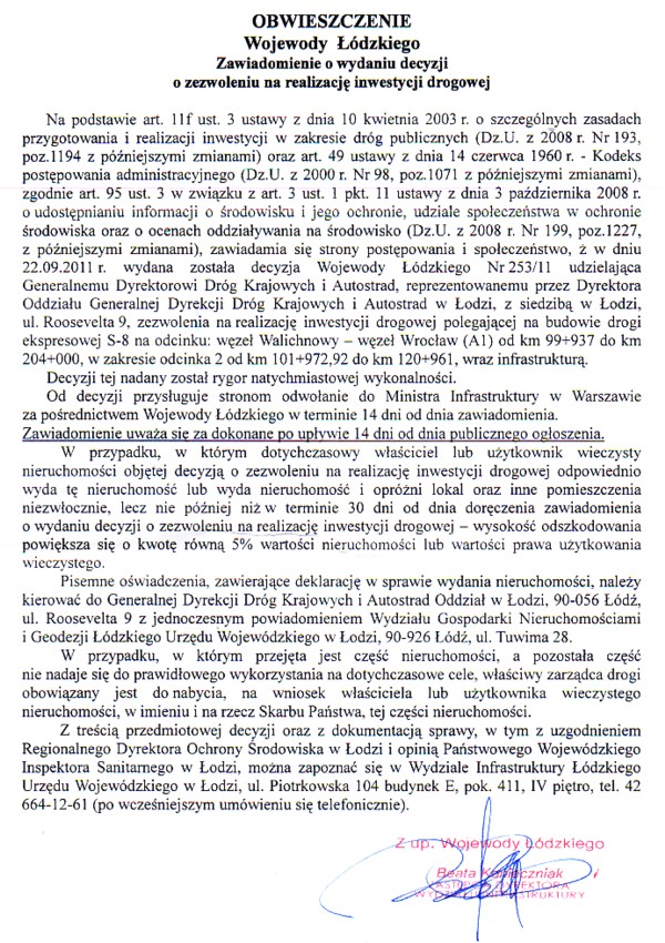 Zdjęcie Obwieszczenie Wojewody Łódzkiego - Zawiadomienie o wydaniu decyzji o zezwoleniu na realizację inwestycji drogowej _012_269017